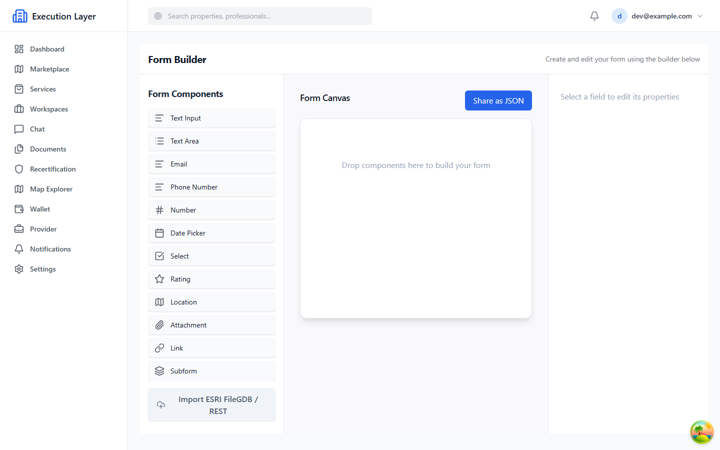 Execution Layer drag-and-drop form builder with a field palette and live preview.