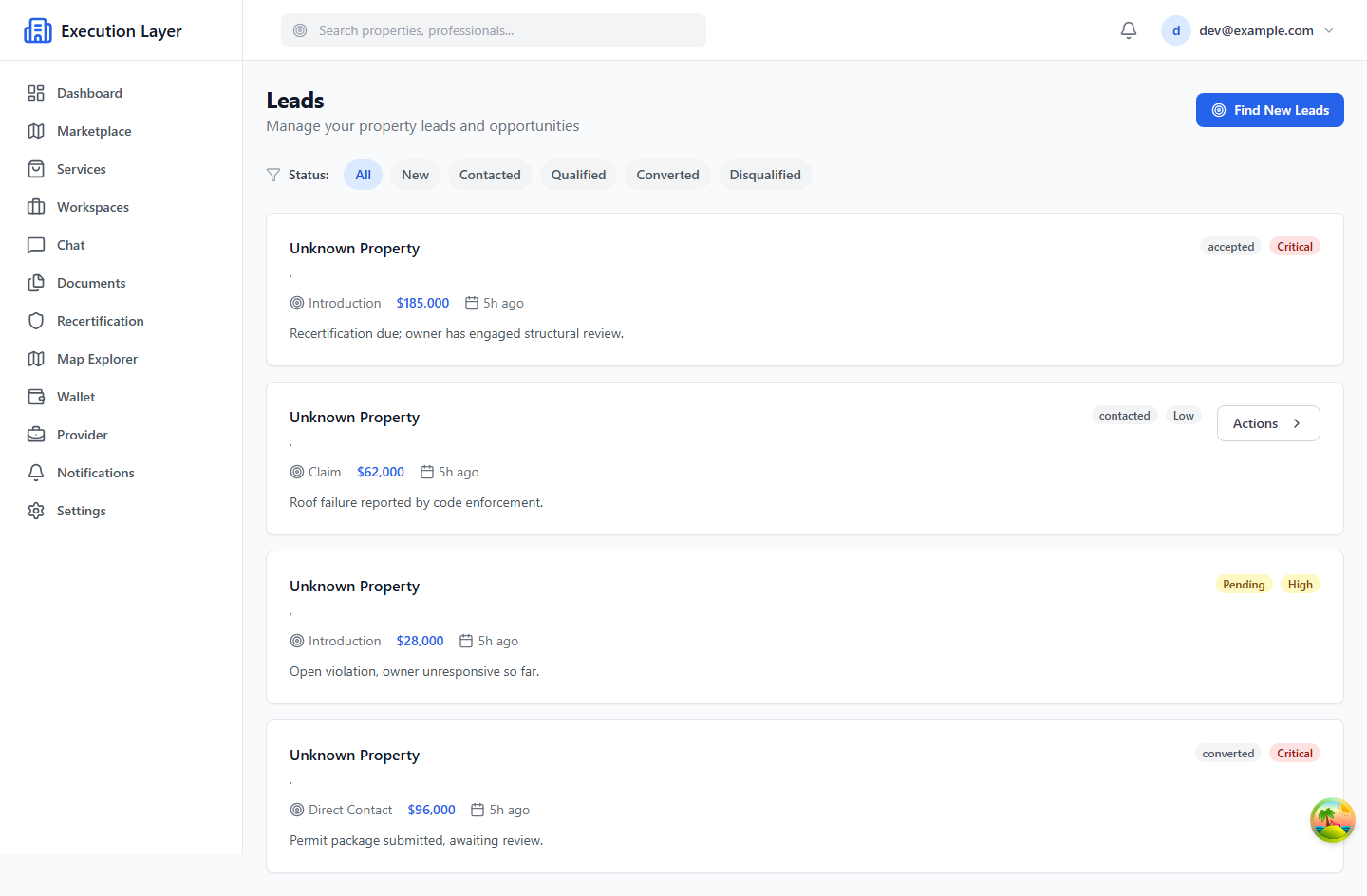 Lead management view with lead records and match status.