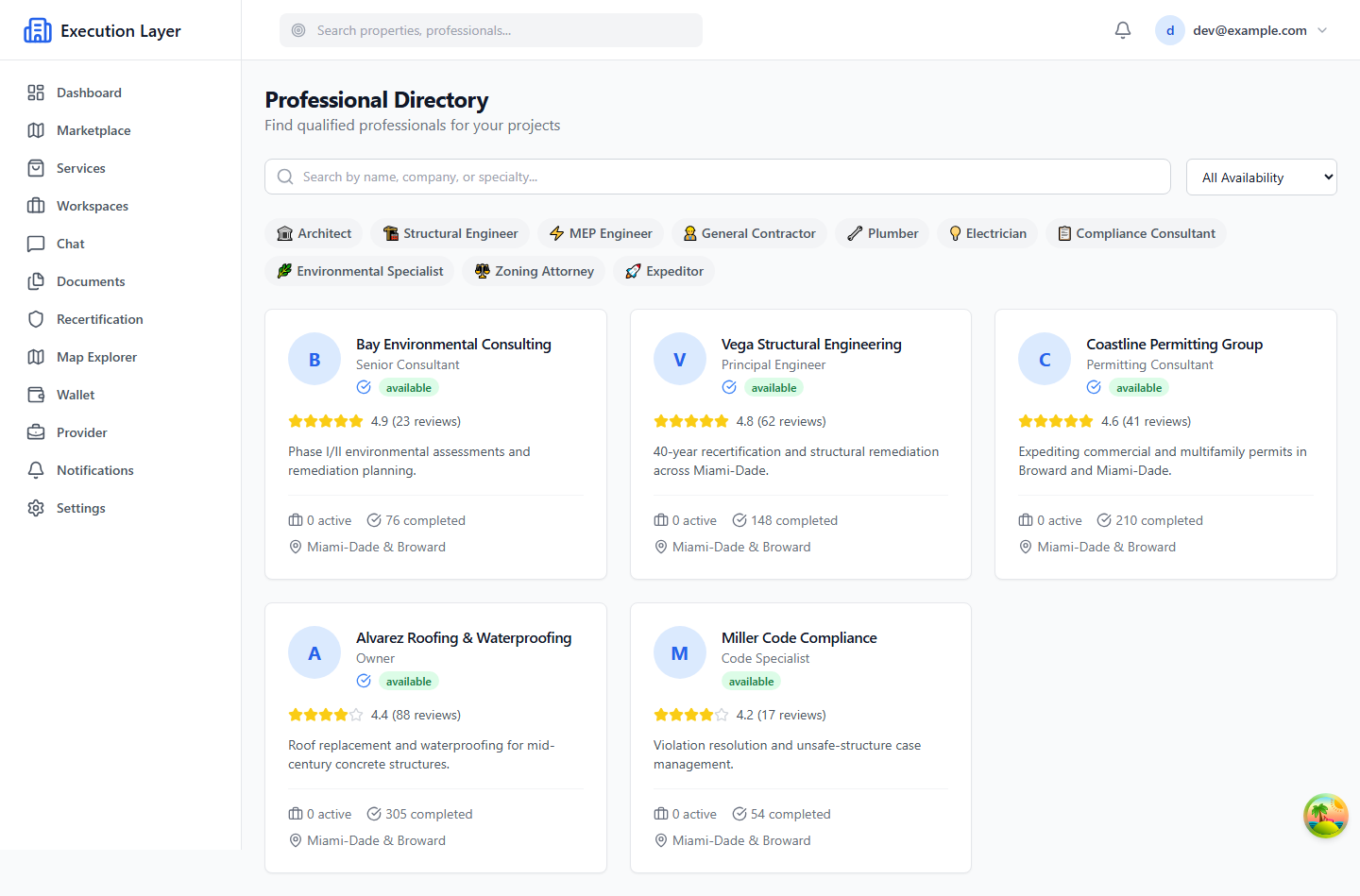 Execution Layer professional directory with discipline filters and service-area matching.