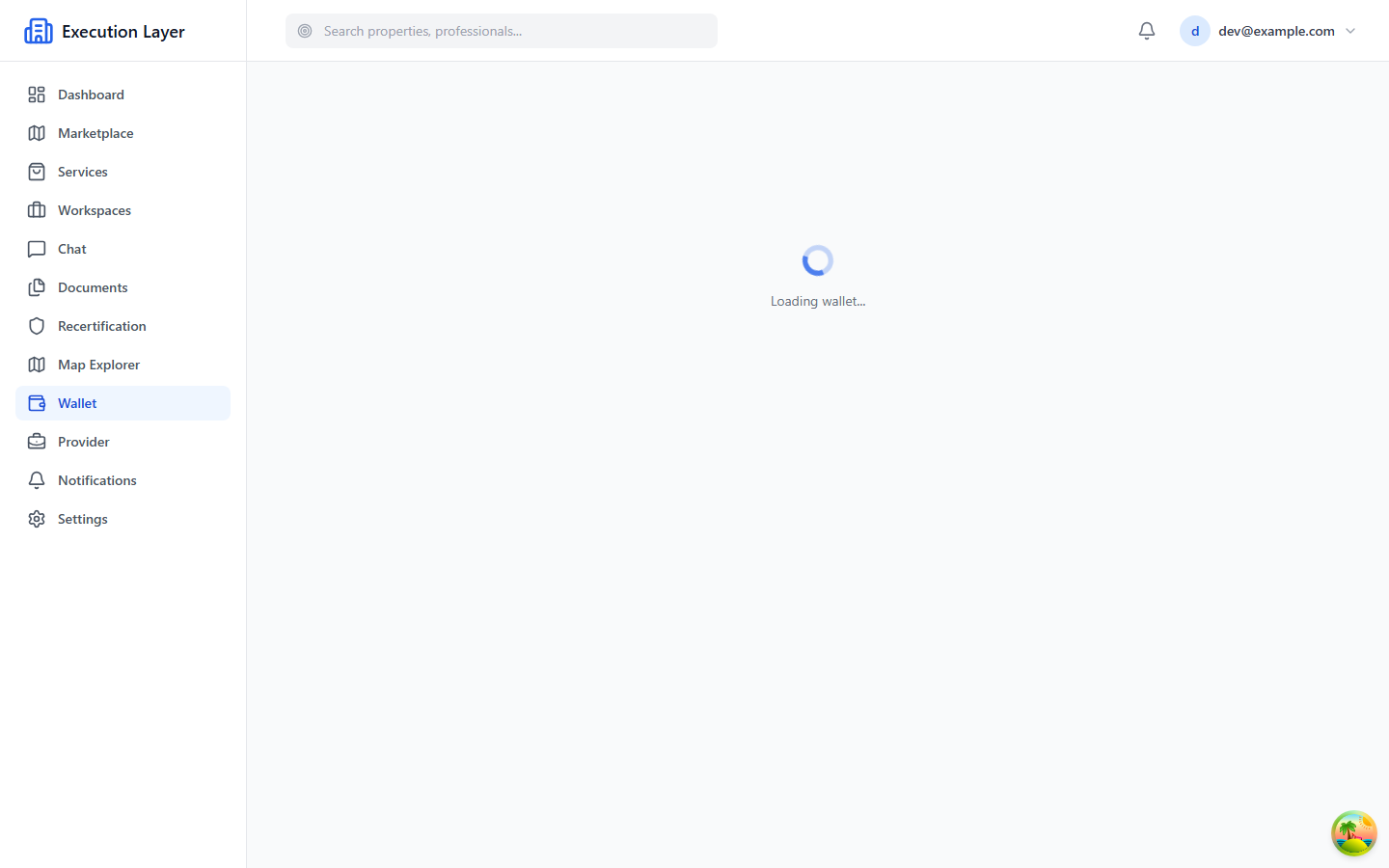 Wallet view with balance and transaction ledger.