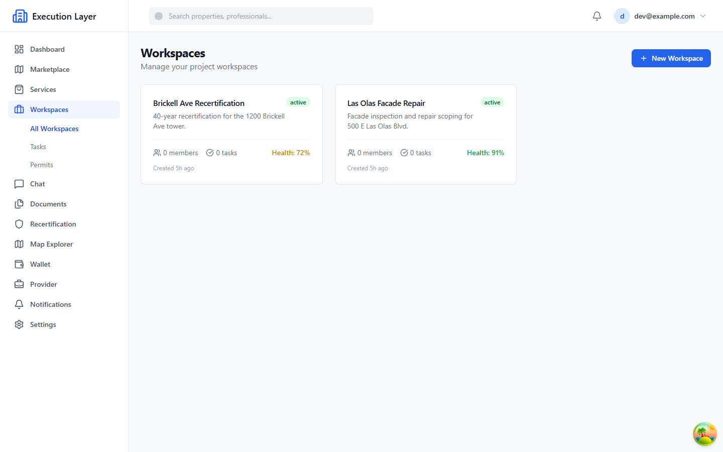 Project workspaces list with role-based membership.