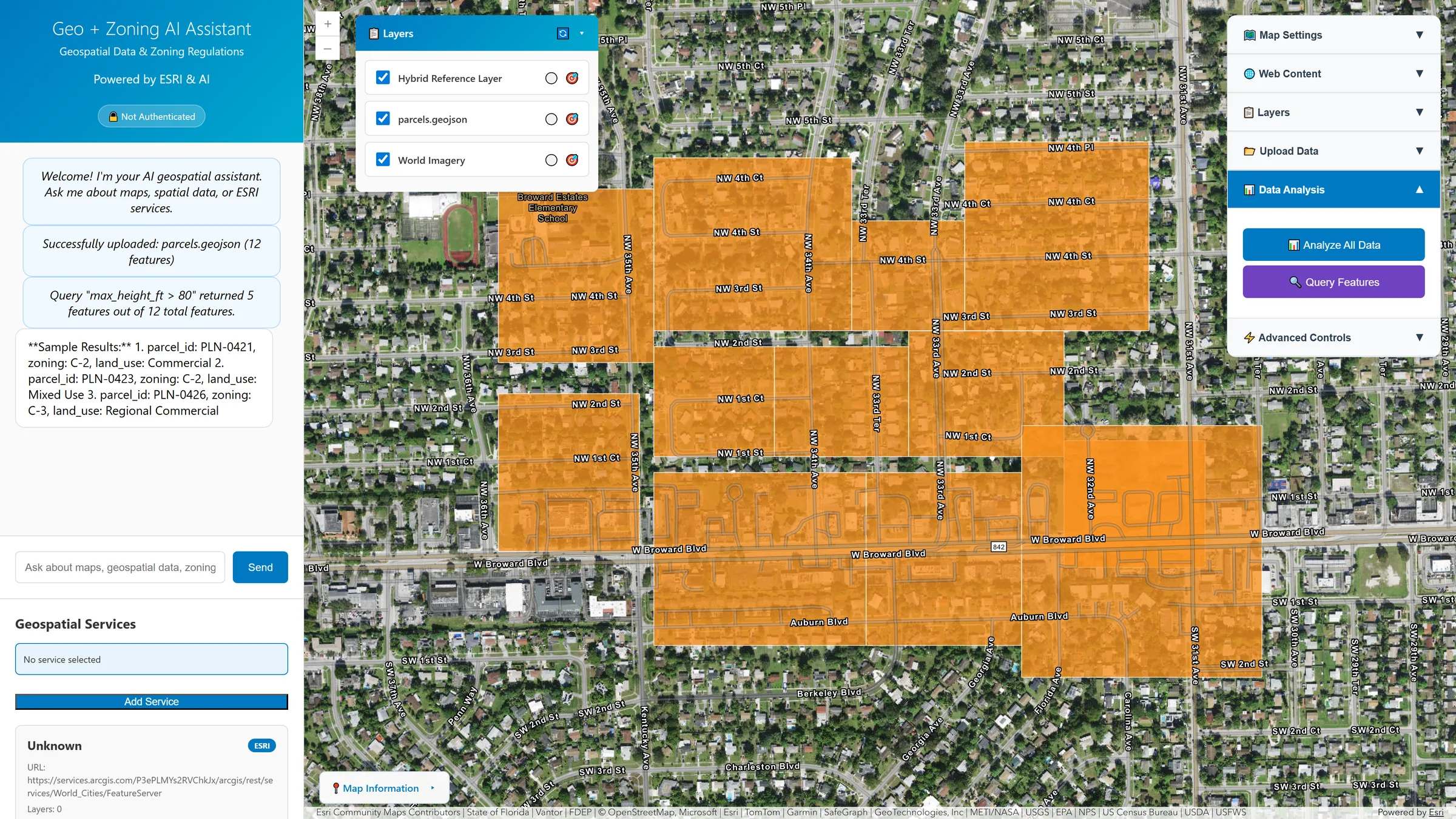 An attribute query filtering parcels where maximum height exceeds 80 feet, returning five of twelve features with their parcel IDs, zoning and land use listed in the chat.
