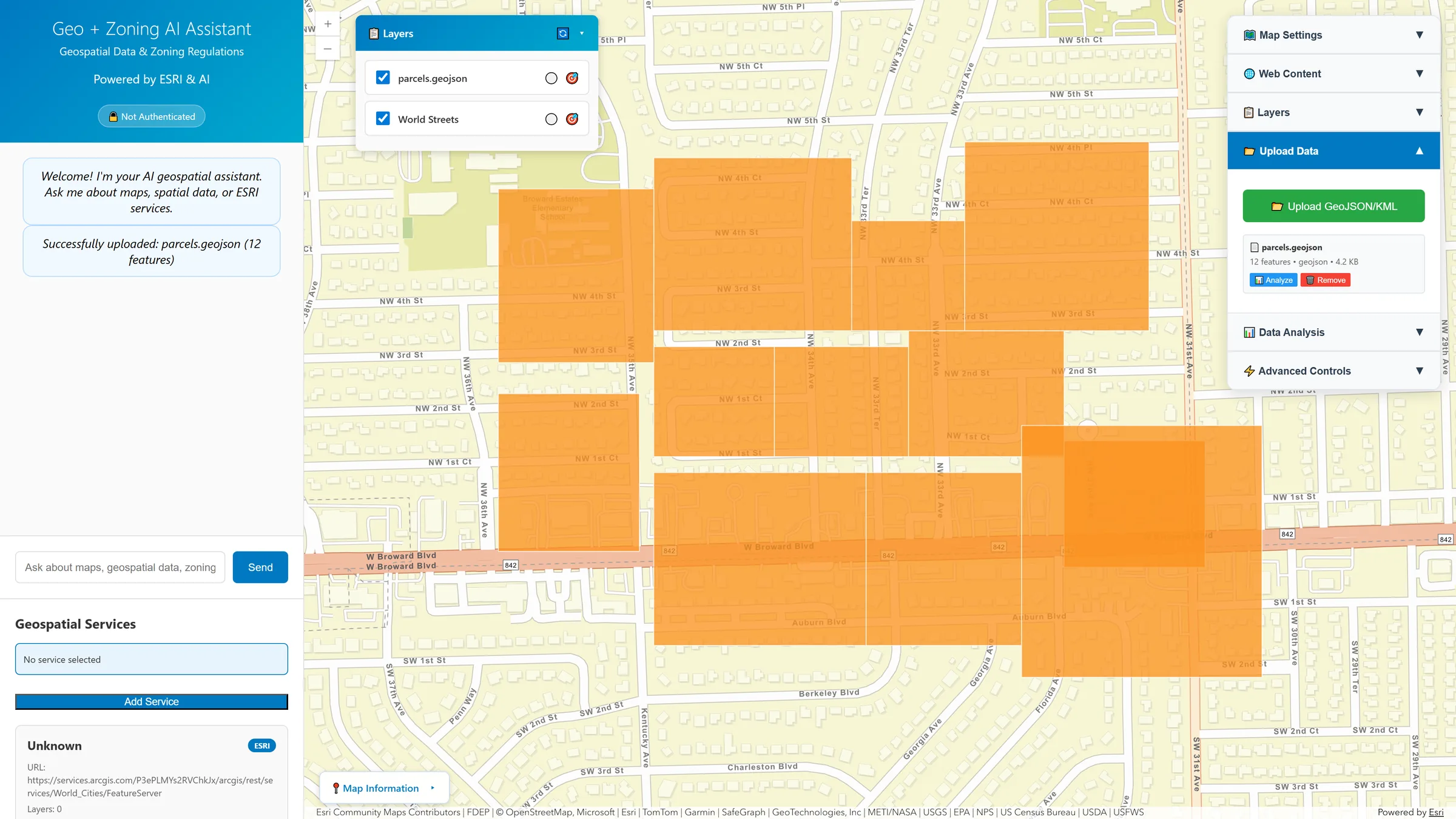 The Upload Data panel showing an uploaded parcels.geojson file with its feature count and size, and Analyze and Remove actions.