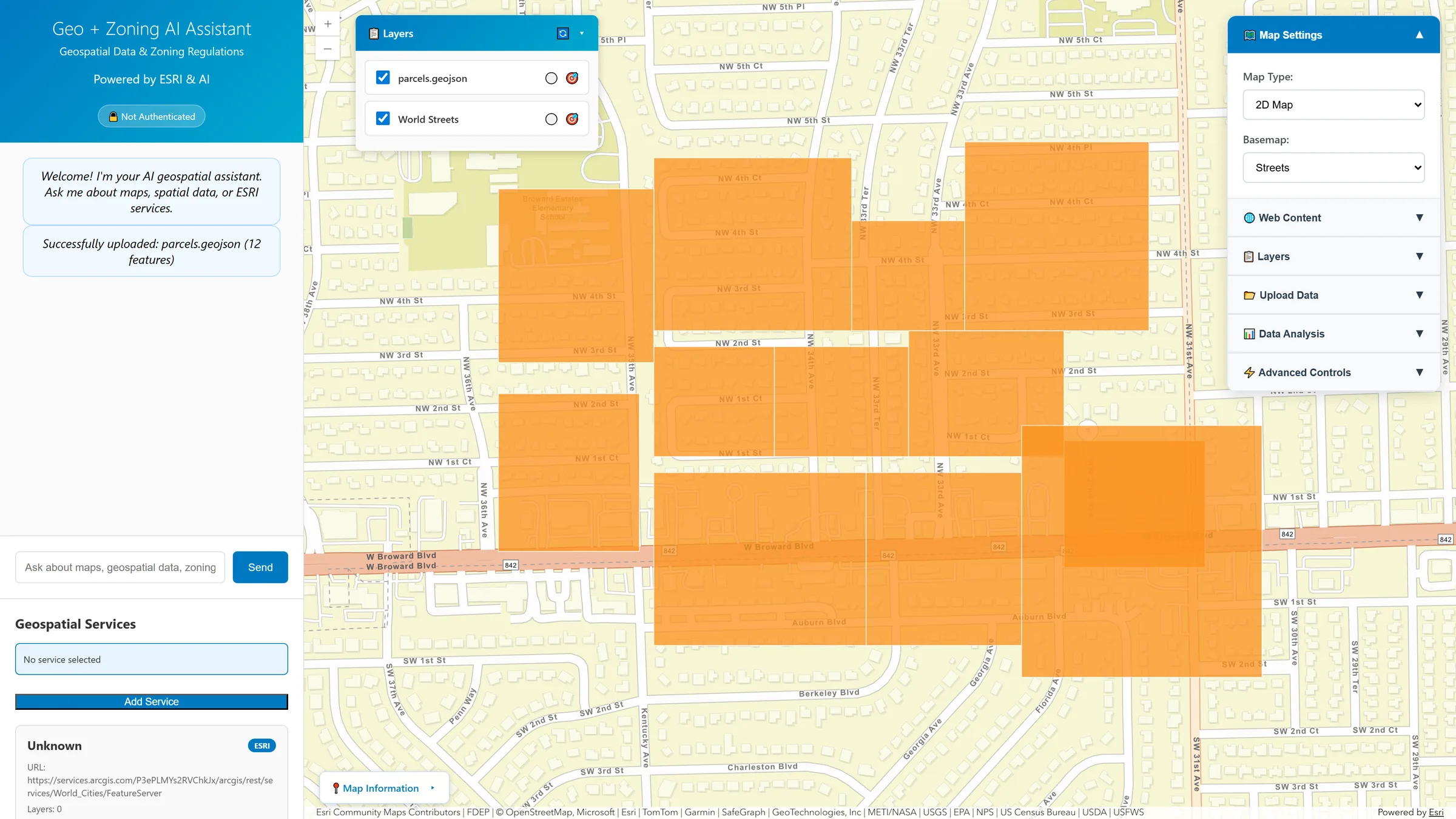 The assistant interface: a chat panel on the left confirming an uploaded GeoJSON, an ArcGIS map in the centre with parcel polygons drawn over a street basemap, and a map settings panel on the right.