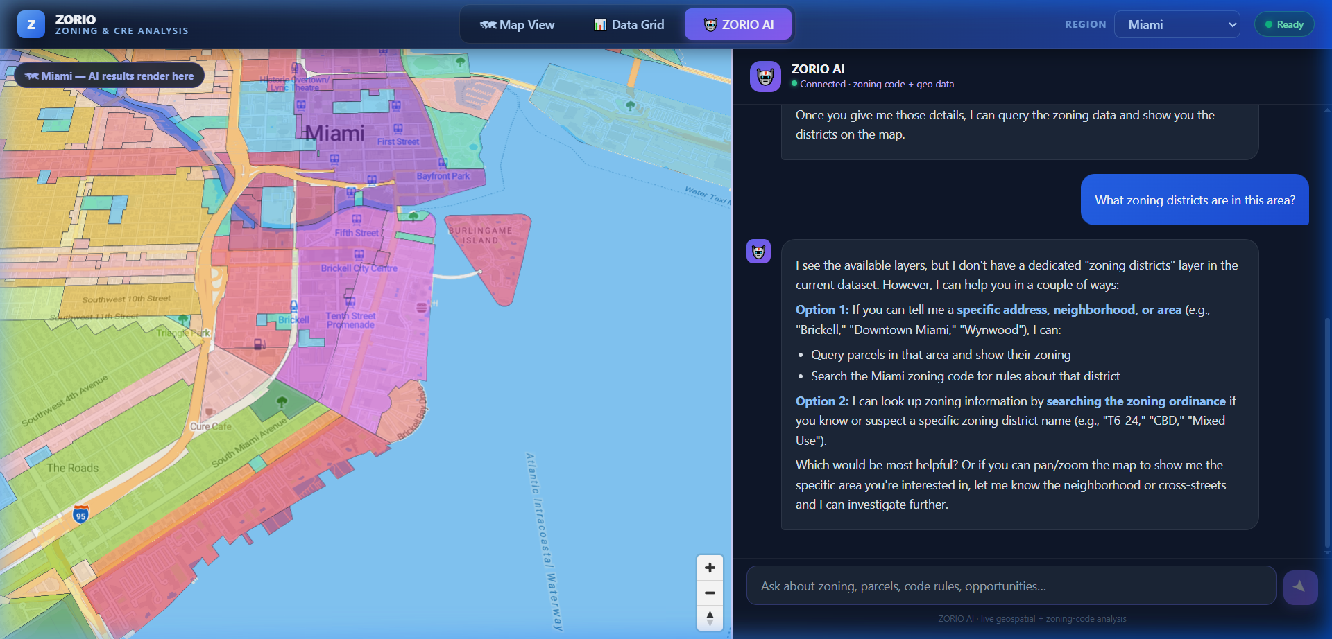 AI Analyst chat panel beside a colour-coded zoning map of Miami.