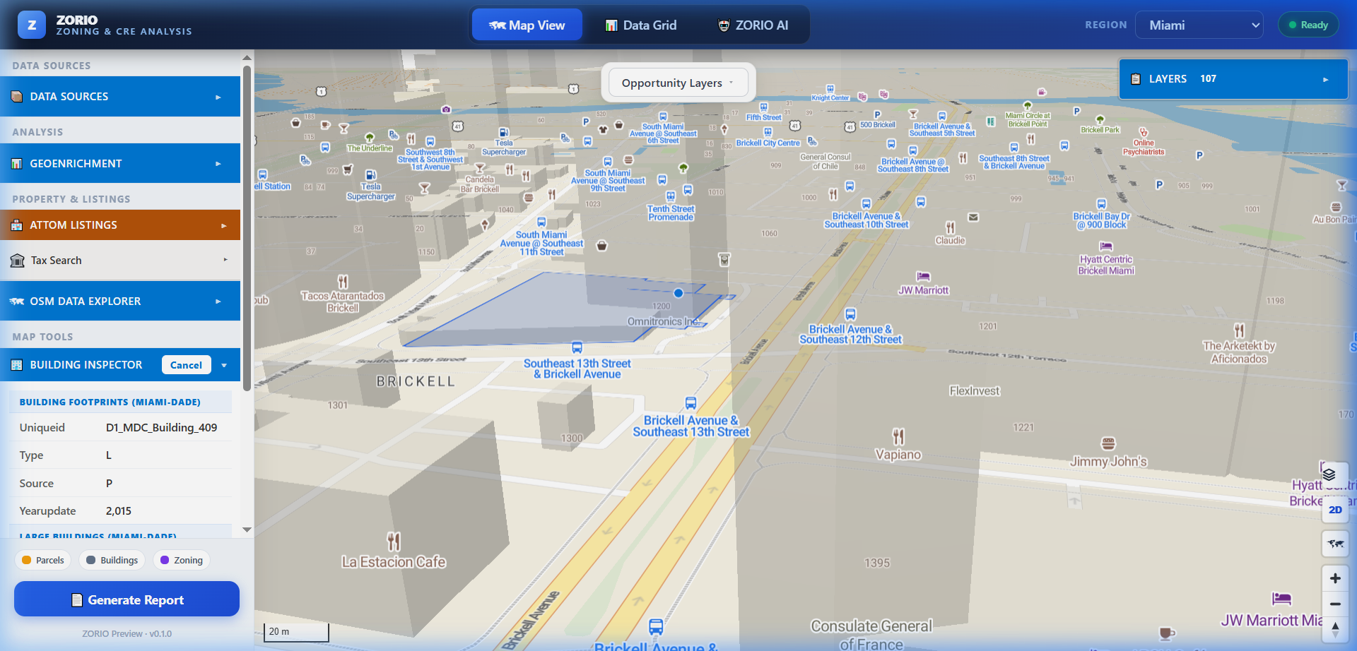Land Intelligence map view over Brickell, Miami showing 3D building massing, the Building Inspector panel returning footprint attributes, and a layer catalog with 107 layers loaded.