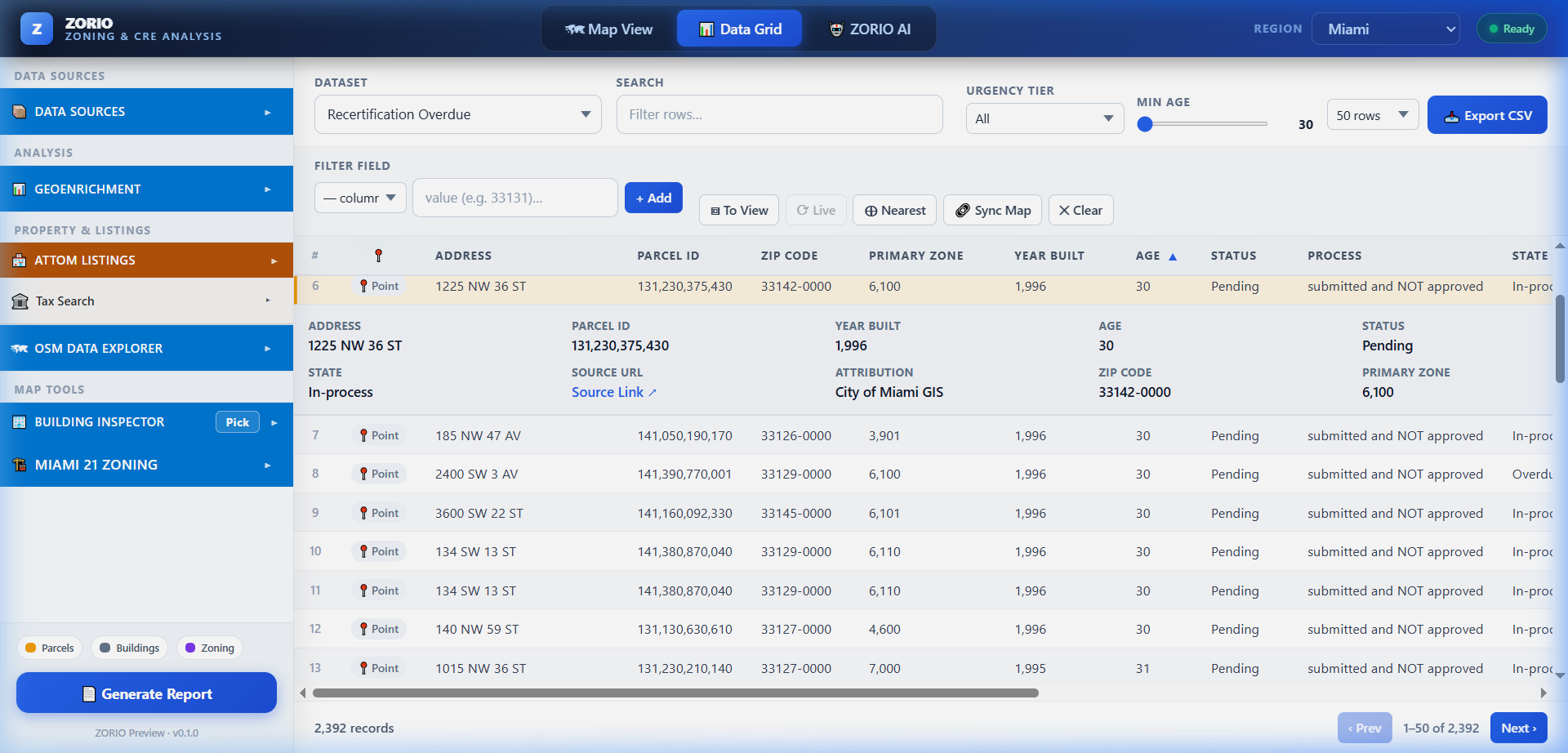 Land Intelligence data grid view showing a sortable, paginated attribute table of parcel records.
