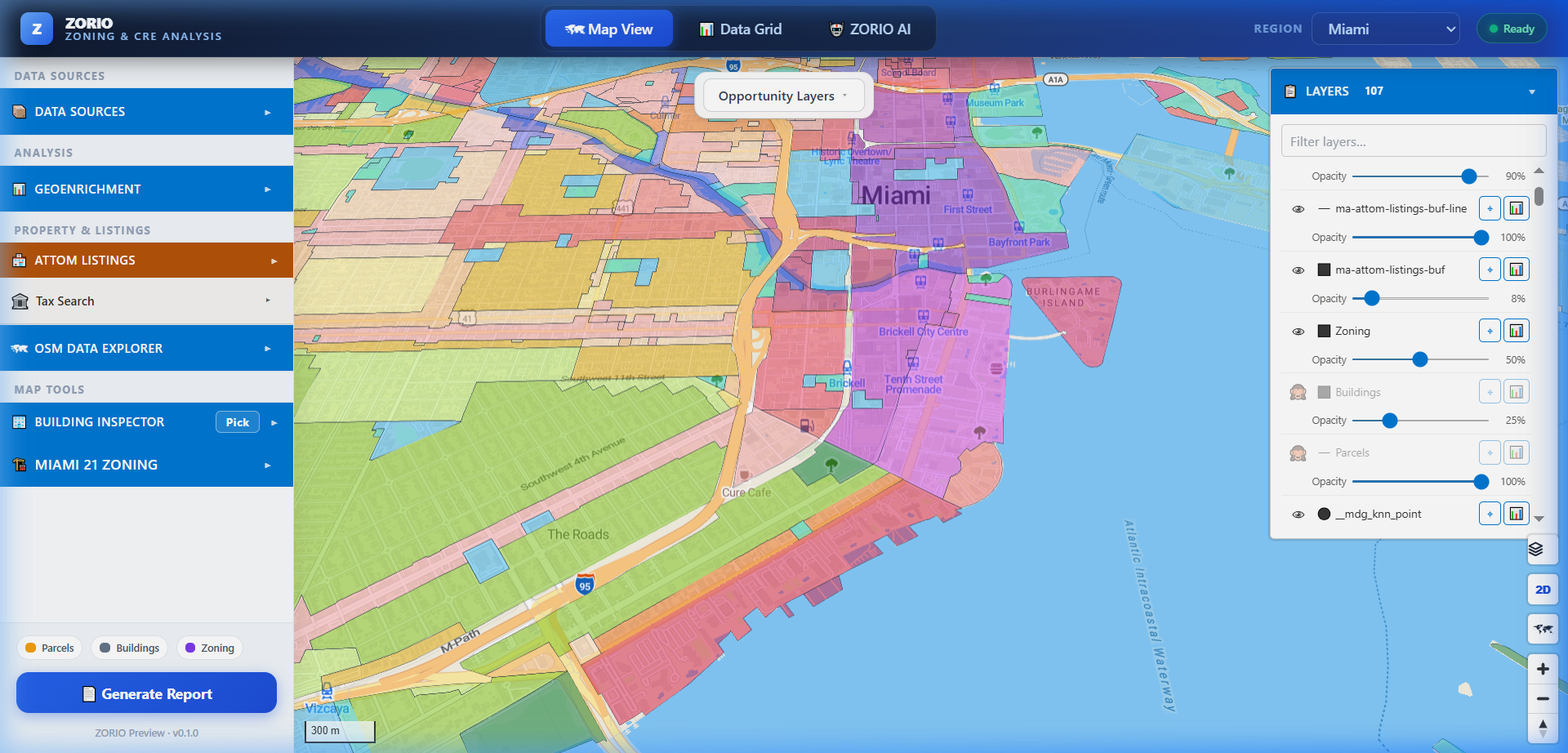 Map with zoning, parcel and building layers toggled on together.