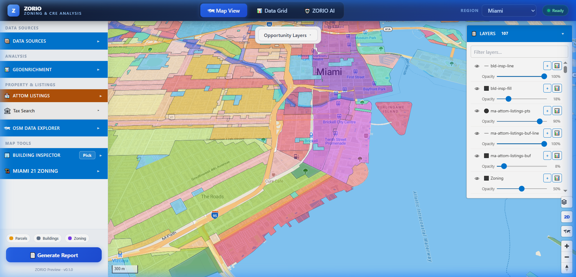 Expanded Land Intelligence layer catalog listing loaded map layers with visibility and opacity controls.
