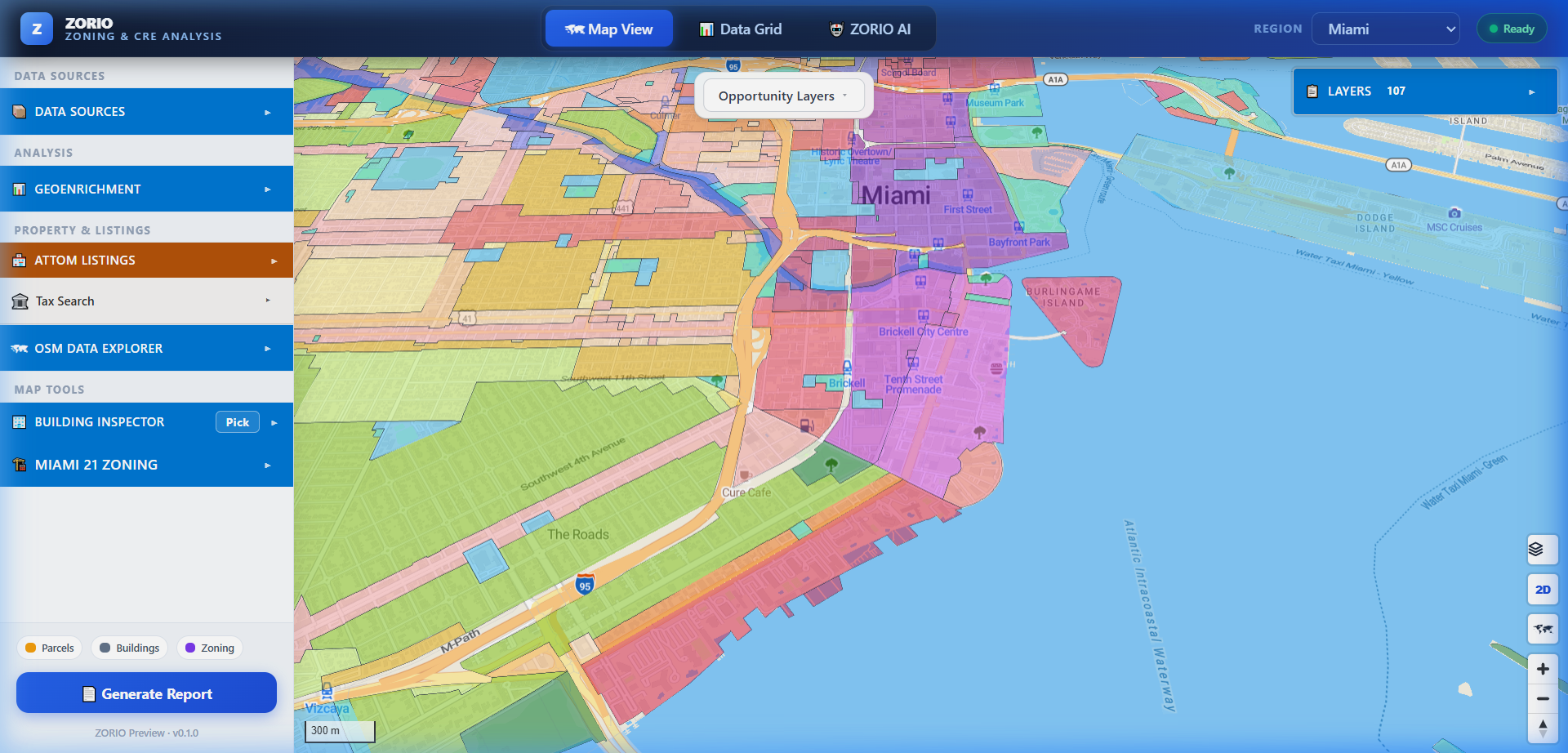 Land Intelligence map view interface with the data sources sidebar and map tools.