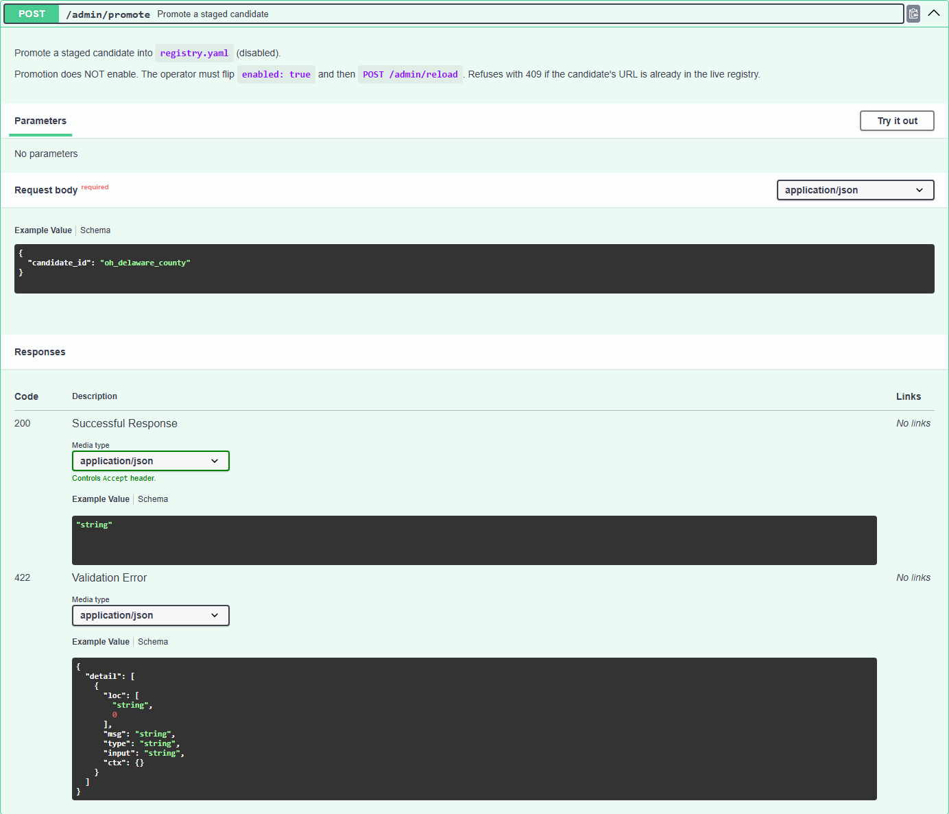 Swagger UI admin promote endpoint expanded, showing the candidate promotion request body.
