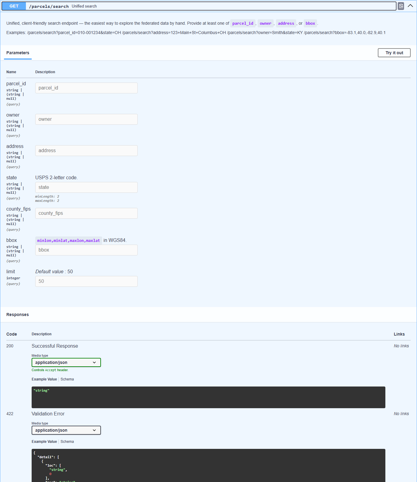 Swagger UI unified search endpoint expanded showing its query parameters.