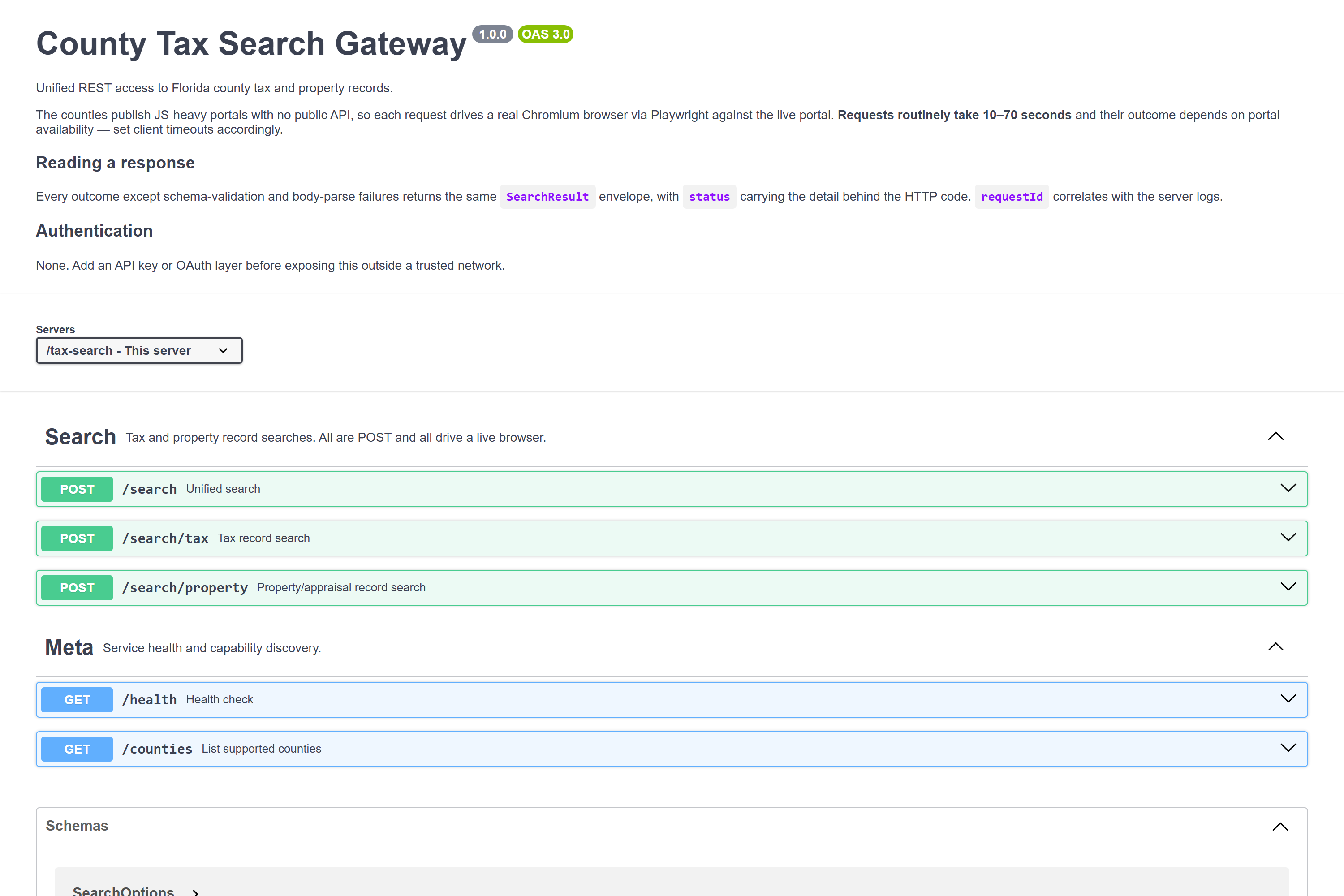Swagger UI for the County Tax Search Gateway, showing the service description, the Search endpoint group with unified, tax and property searches, and the Meta group with health and counties endpoints.