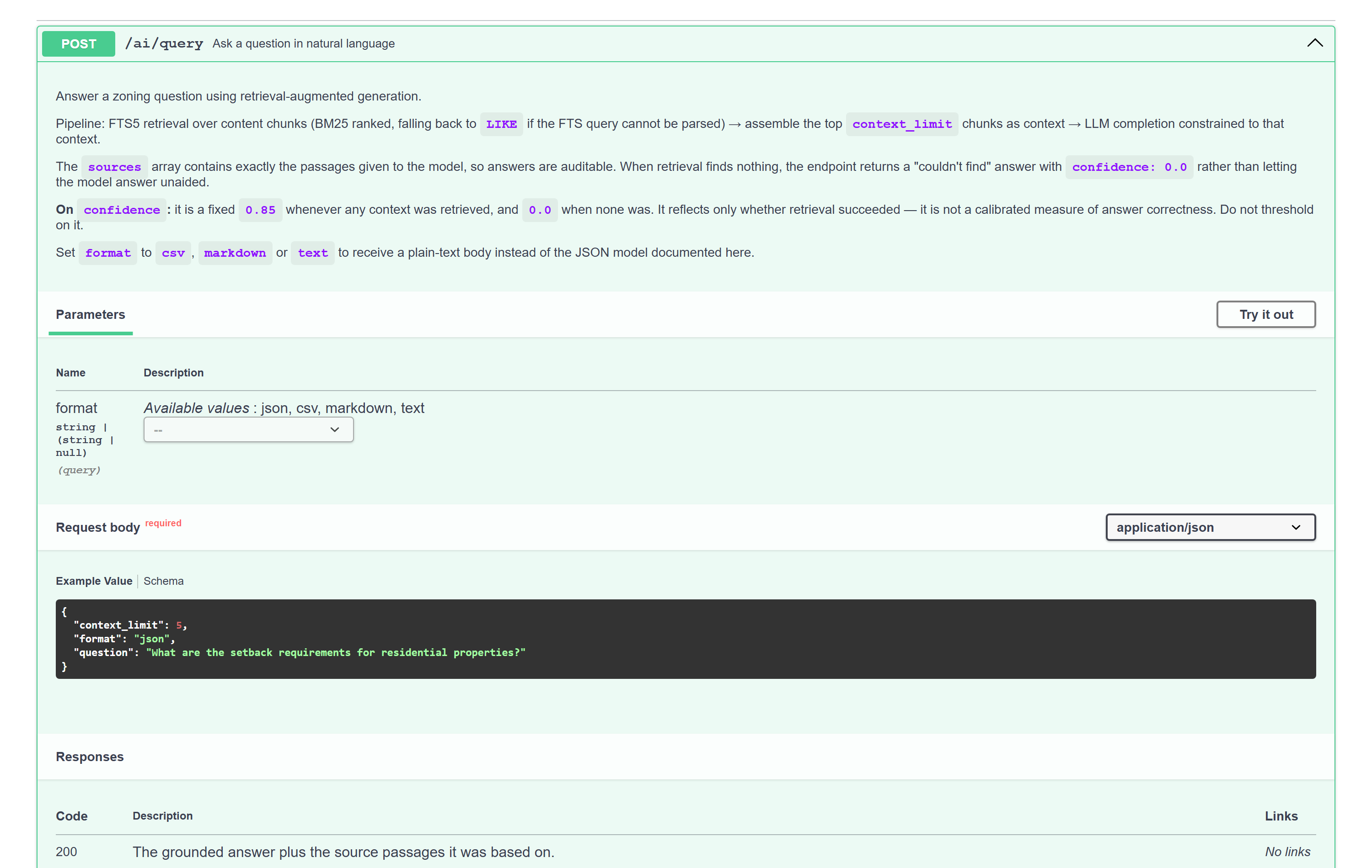 Swagger UI for the natural-language query endpoint, describing the retrieval-then-completion pipeline and explaining exactly what the confidence field does and does not mean.